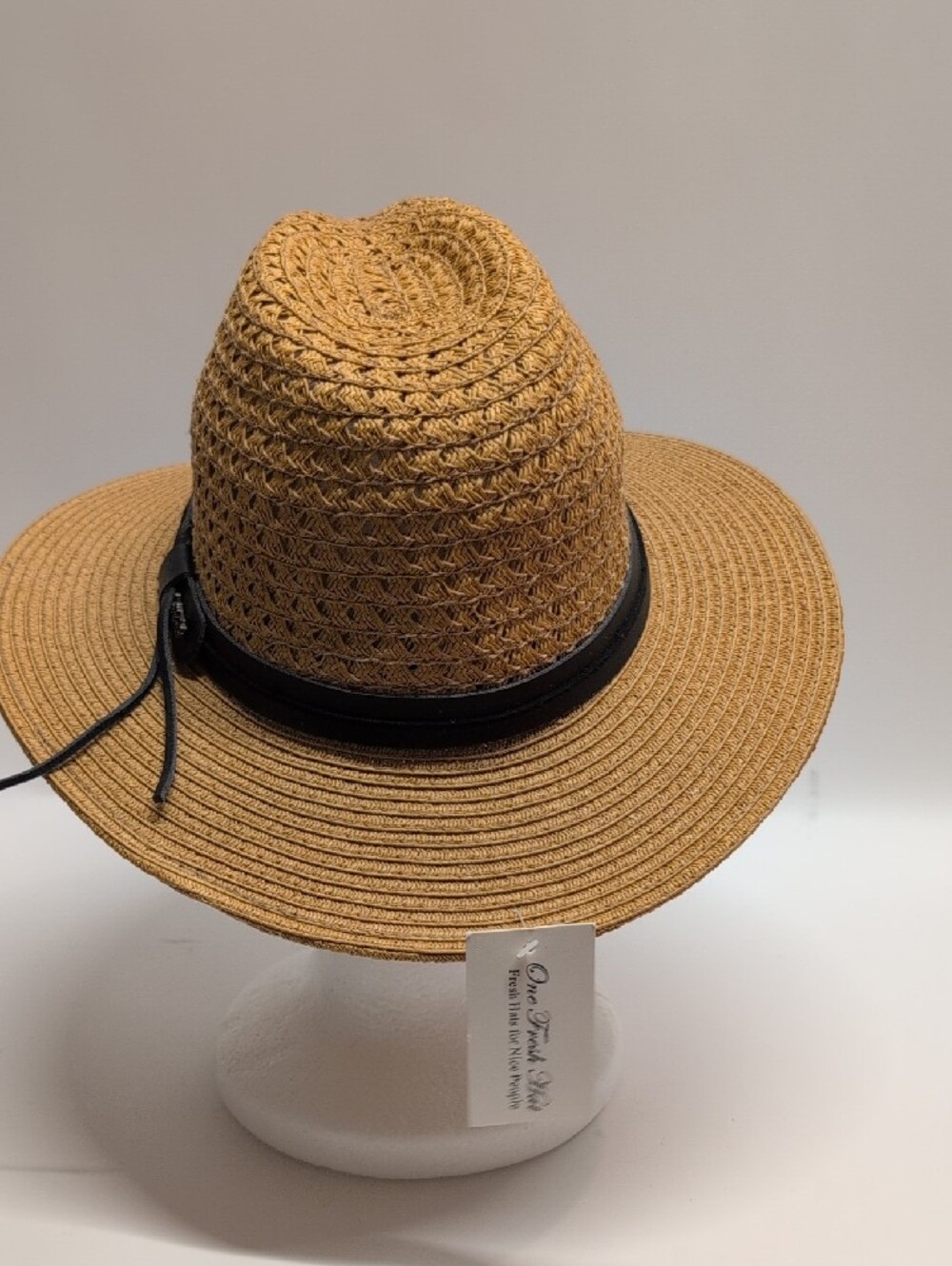 Women's Tan Straw Fedora with Black Band Size Small - Picture 4 of 6